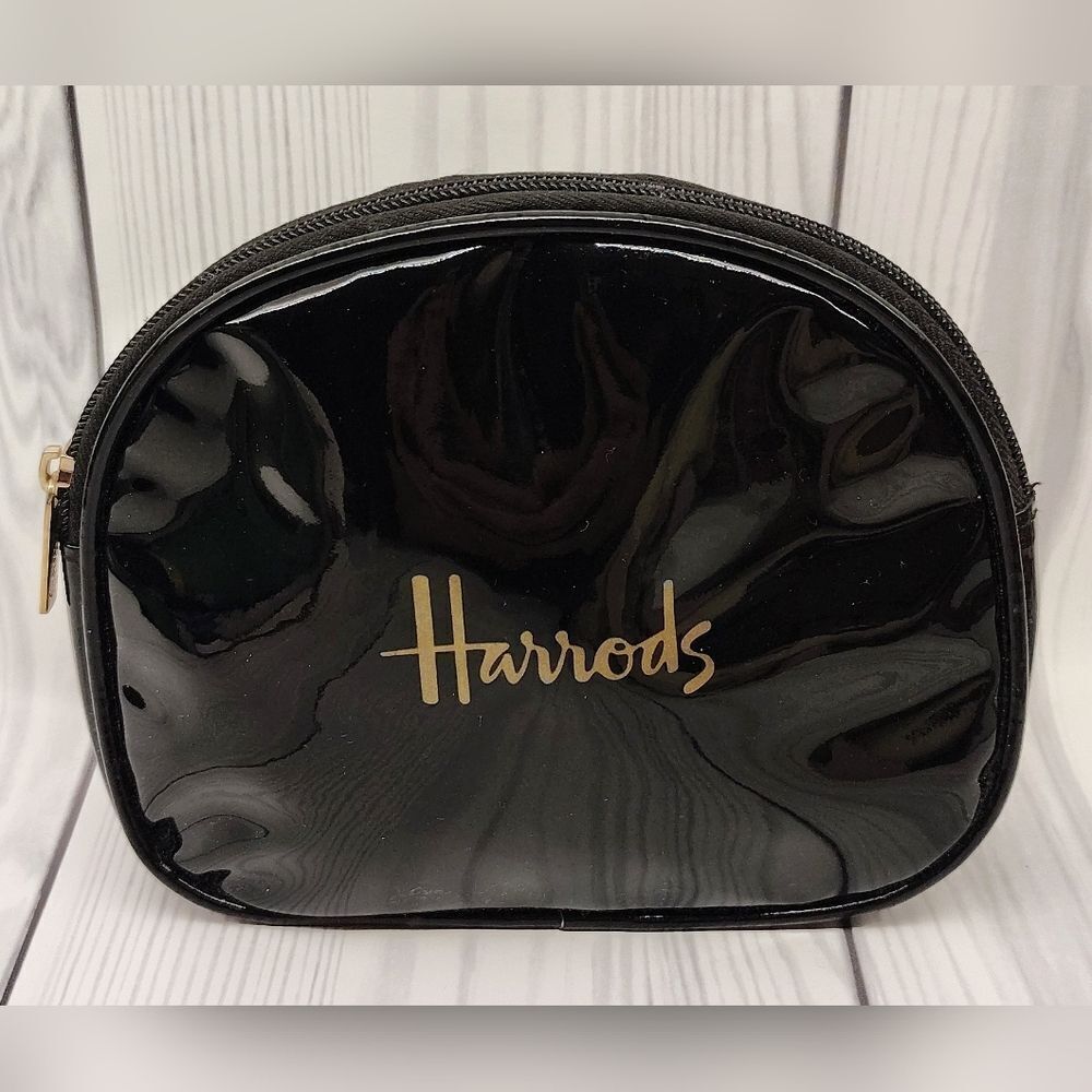 Harrods Glossy Black Patent Makeup Cosmetic Bag Case Gold Logo